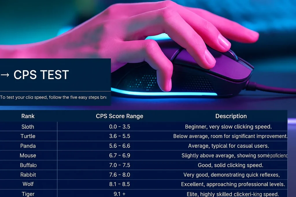CPS Test ranking chart showing CPS score ranges from Sloth (0.0–3.5) to Tiger (9.1+), with descriptions from beginner to elite clicking speed, alongside a gamer using a mouse.